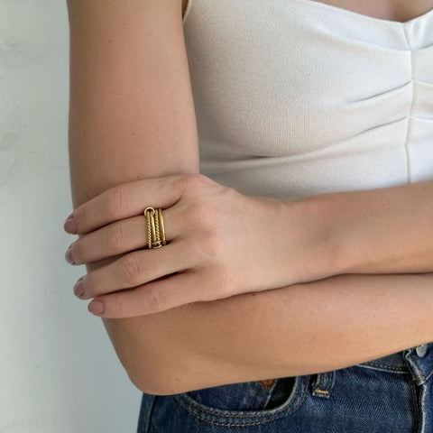 Tarnish Resistant 18k Gold Plated Four Band Connected Ring Set