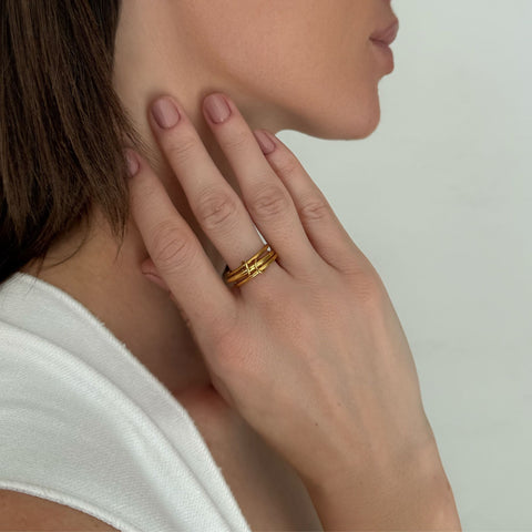 Tarnish Resistant 18k Gold Plated Three Band Connected Ring Set