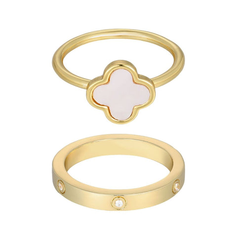 14k Gold Plated Mother of Pearl Clover and CZ Eternity Band Ring Set