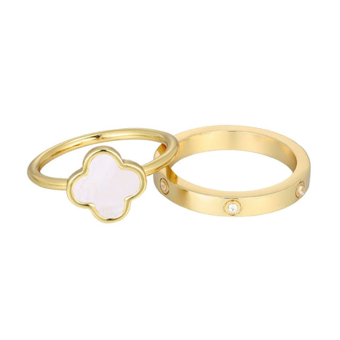 14k Gold Plated Mother of Pearl Clover and CZ Eternity Band Ring Set