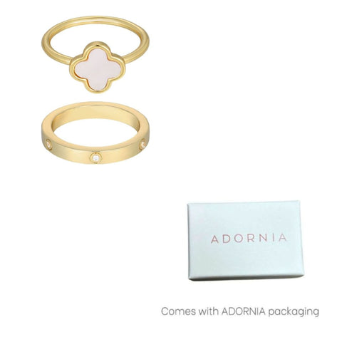 14k Gold Plated Mother of Pearl Clover and CZ Eternity Band Ring Set