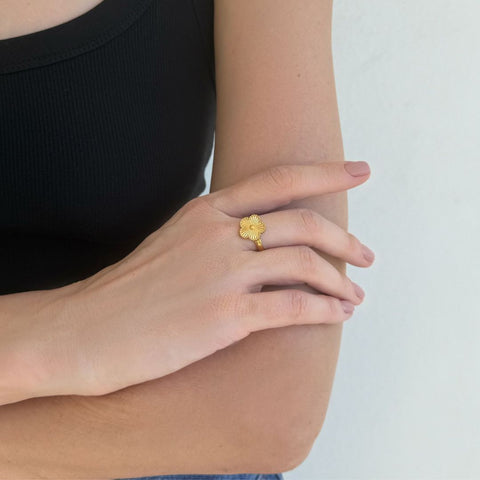 Tarnish Resistant 18k Gold Plated Adjustable 5-Leaf Clover Ring
