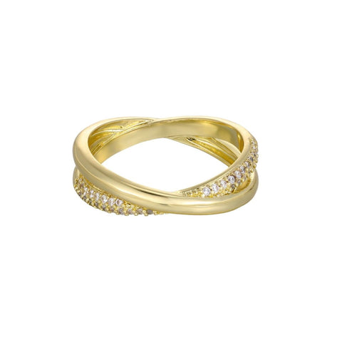 14k Gold Plated CZ Crossed Bands Ring