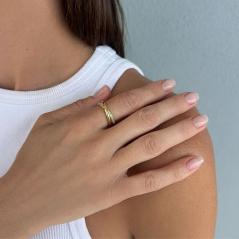 14k Gold Plated CZ Crossed Bands Ring