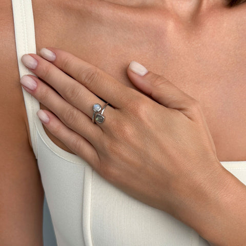 Silver Plated Labradorite and Moonstone Wrap Ring