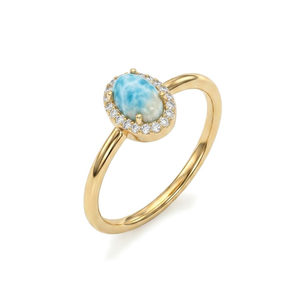 14k Gold Plated Oval Larimar CZ Halo Ring