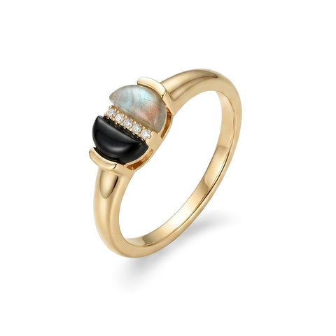 14k Gold Plated Labradorite and Onyx CZ Split Ring