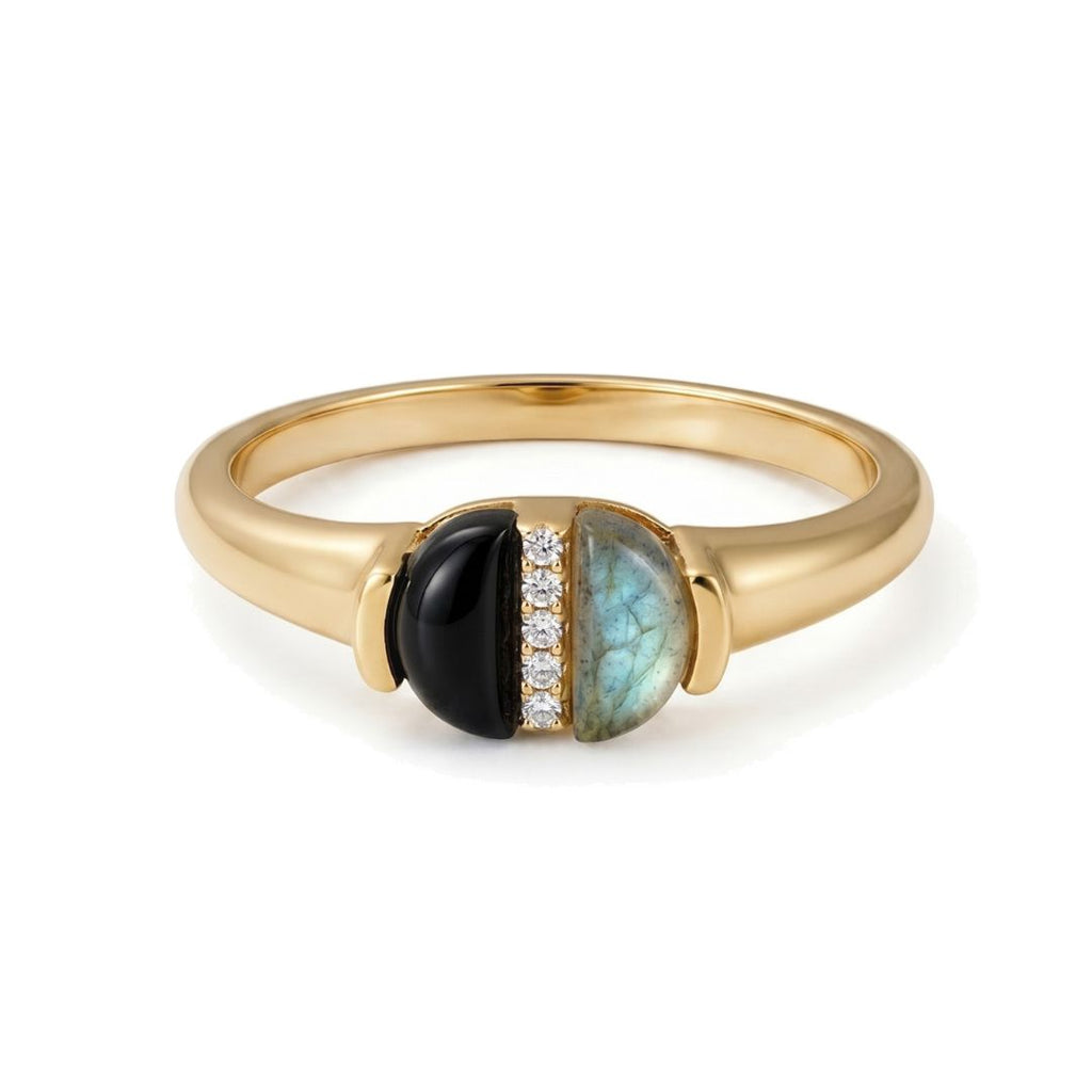 14k Gold Plated Labradorite and Onyx CZ Split Ring