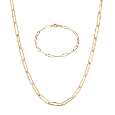 Tarnish Resistant 18k Gold Plated Paperclip Bracelet and Necklace Set