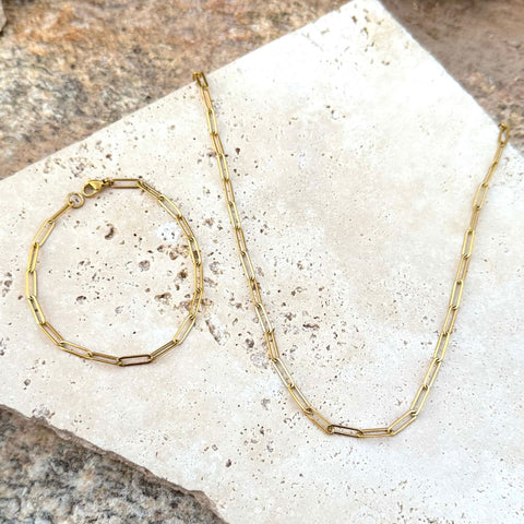 Tarnish Resistant 18k Gold Plated Paperclip Bracelet and Necklace Set