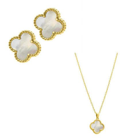 14k Gold White Mother of Pearl Flower Necklace and Earring Set