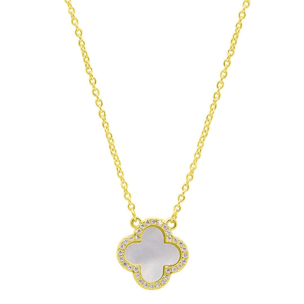 Crystal Halo White Mother of Pearl Clover Necklace gold