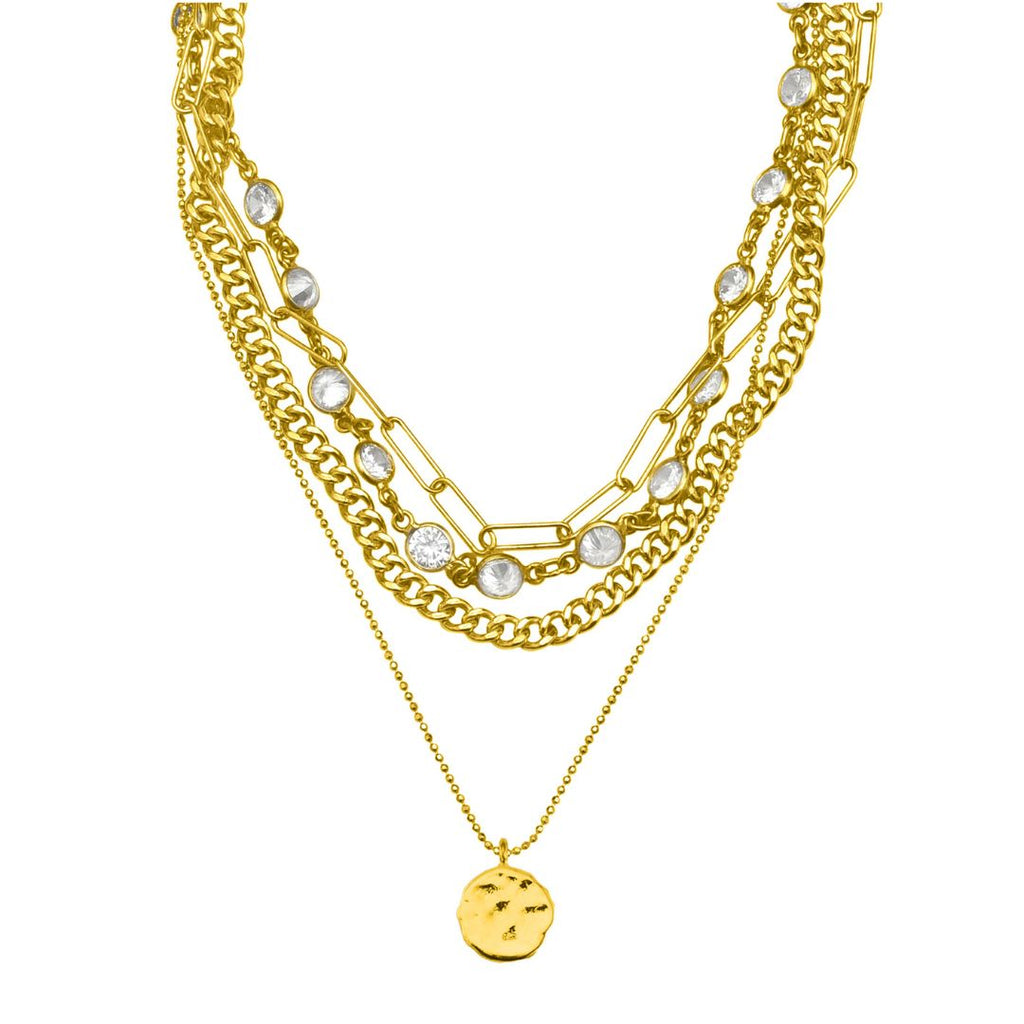 14k Gold Plated Messy Layered Necklace with Pebbled Charm