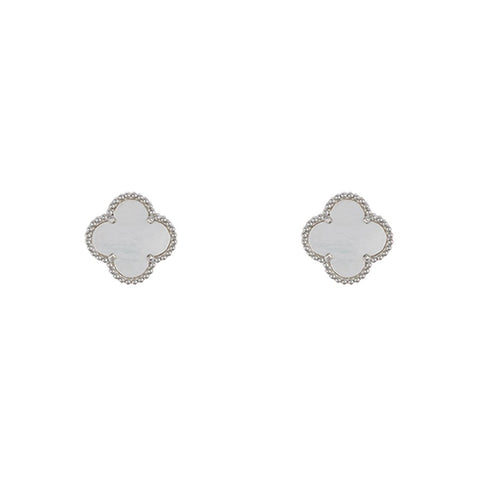 White Mother of Pearl Flower Stud Earrings silver