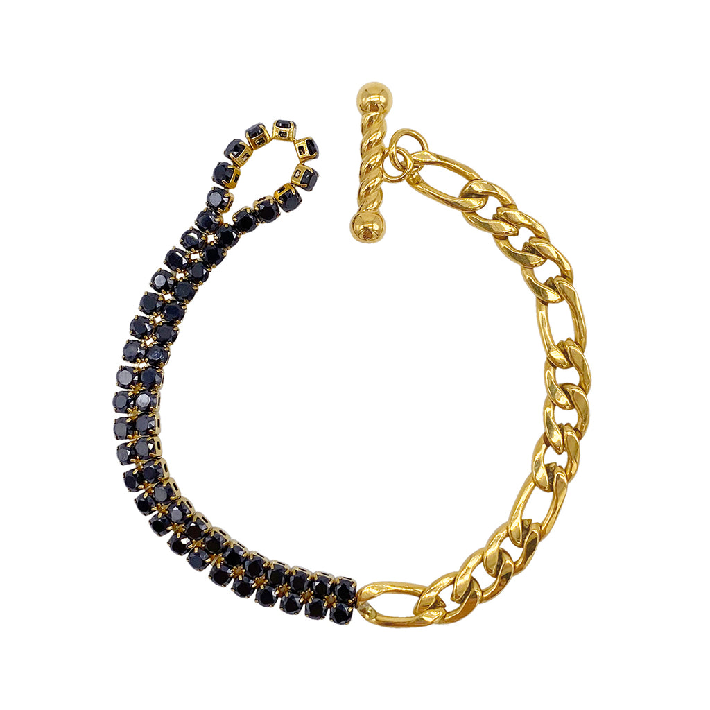 Half and Half Figaro and Black Crystal Toggle Bracelet gold
