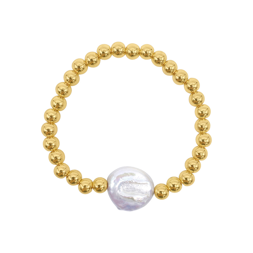 Stretch Ball Bracelet with Freshwater Pearl Centerpiece gold