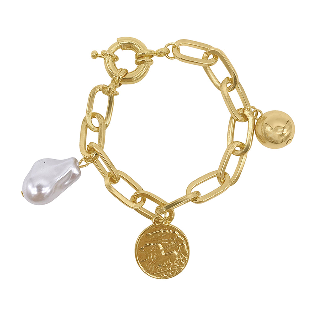 Pearl and Charm Link Bracelet with Oversized Lock gold