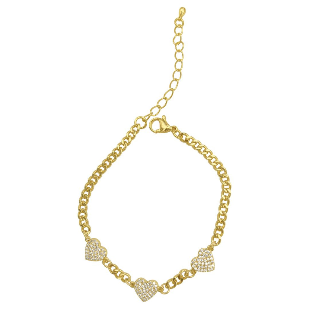Curb Chain with Crystal Hearts Bracelet gold