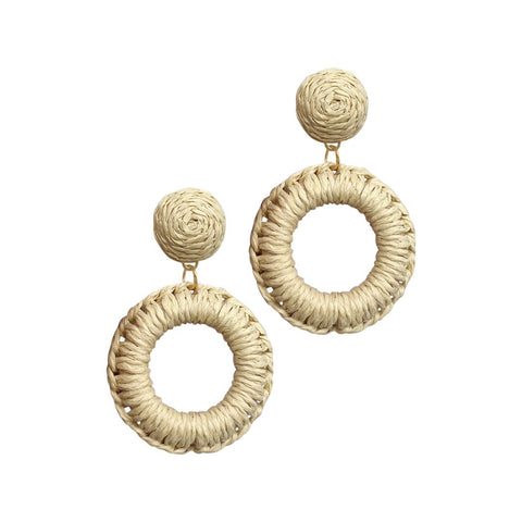 Ivory Raffia Basket Weave Drop Circle Earrings