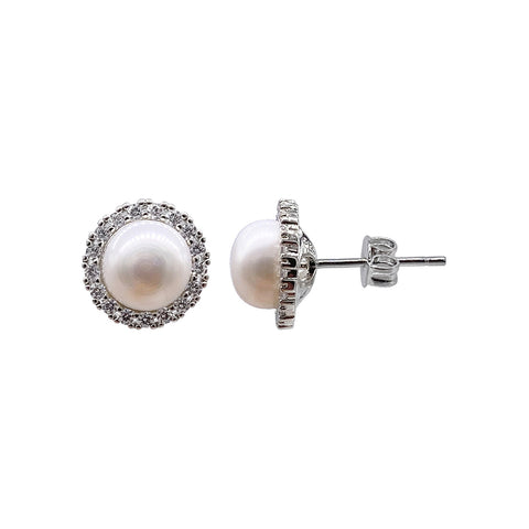 Halo Freshwater Pearl Crystal Studs silver gold