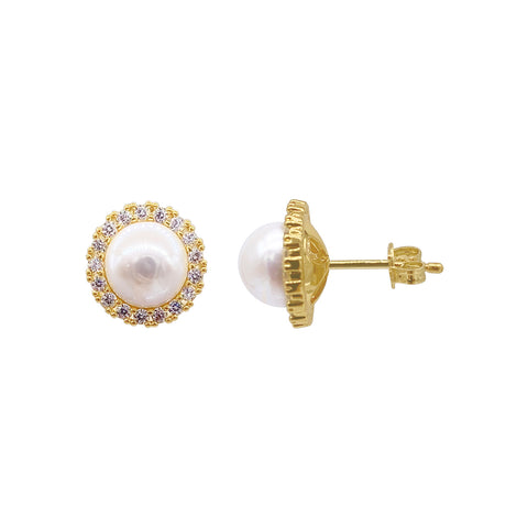 Halo Freshwater Pearl Crystal Studs silver gold