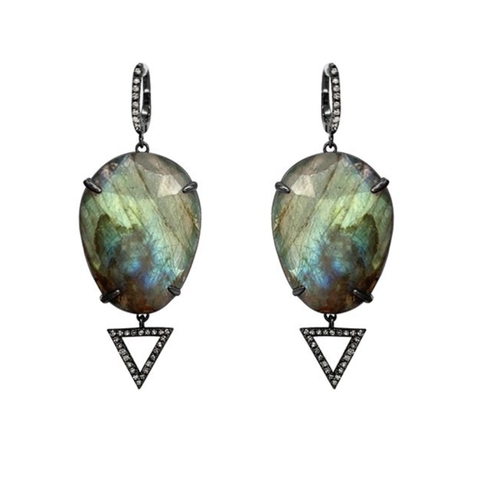 Organic Cut Labradorite and Diamond Triangle Drop Earrings silver