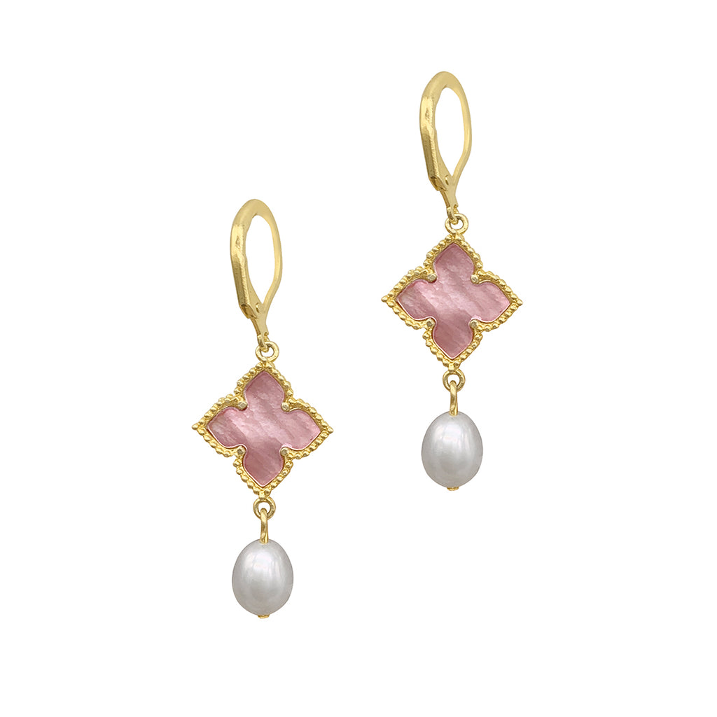 Floral and Pearl Drop Earrings Pink Mother of Pearl gold