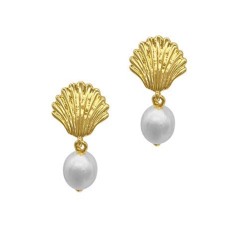 Seashell and Pearl Drop Earrings gold