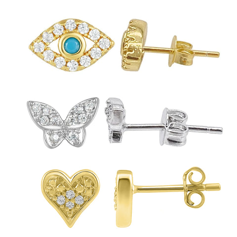 Heart, Evil Eye, and Butterfly Stud Set silver gold