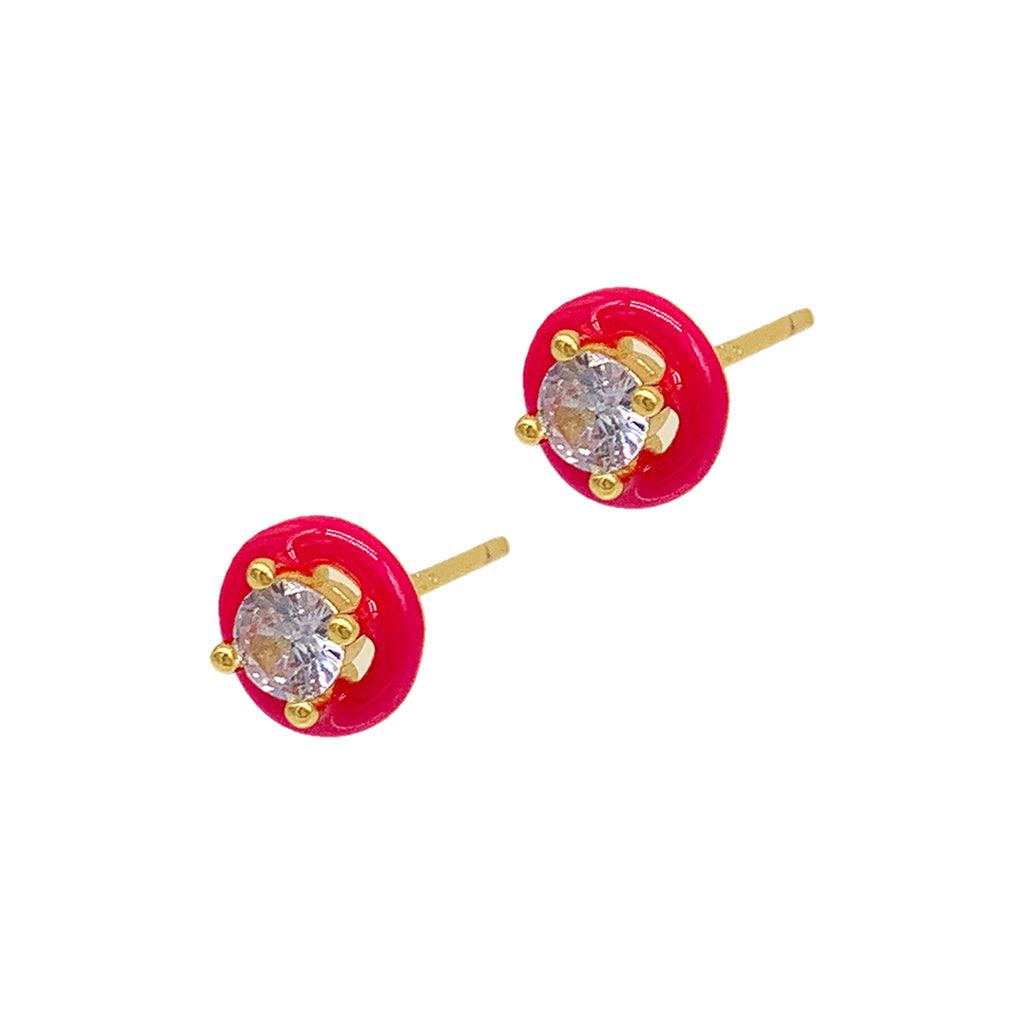 Pink Enamel Halo Studs gold