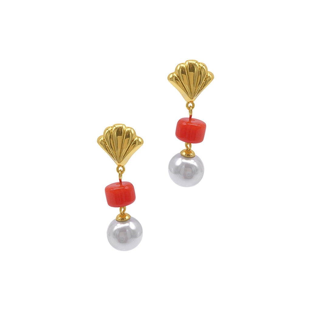 14k Gold Plated Pearl and Shell Drop Drop Earrings