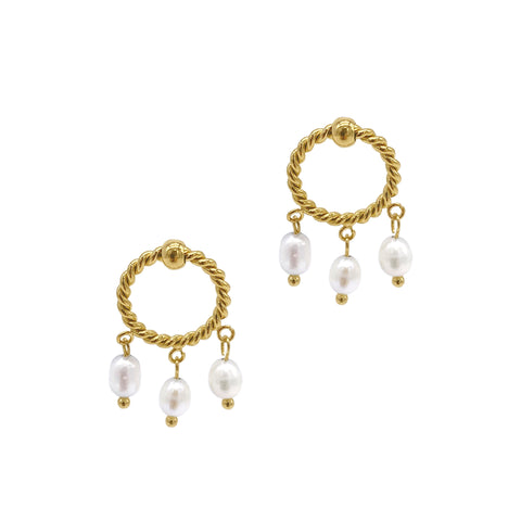 Cable Hoop and 3-Pearl Dangle Earrings gold