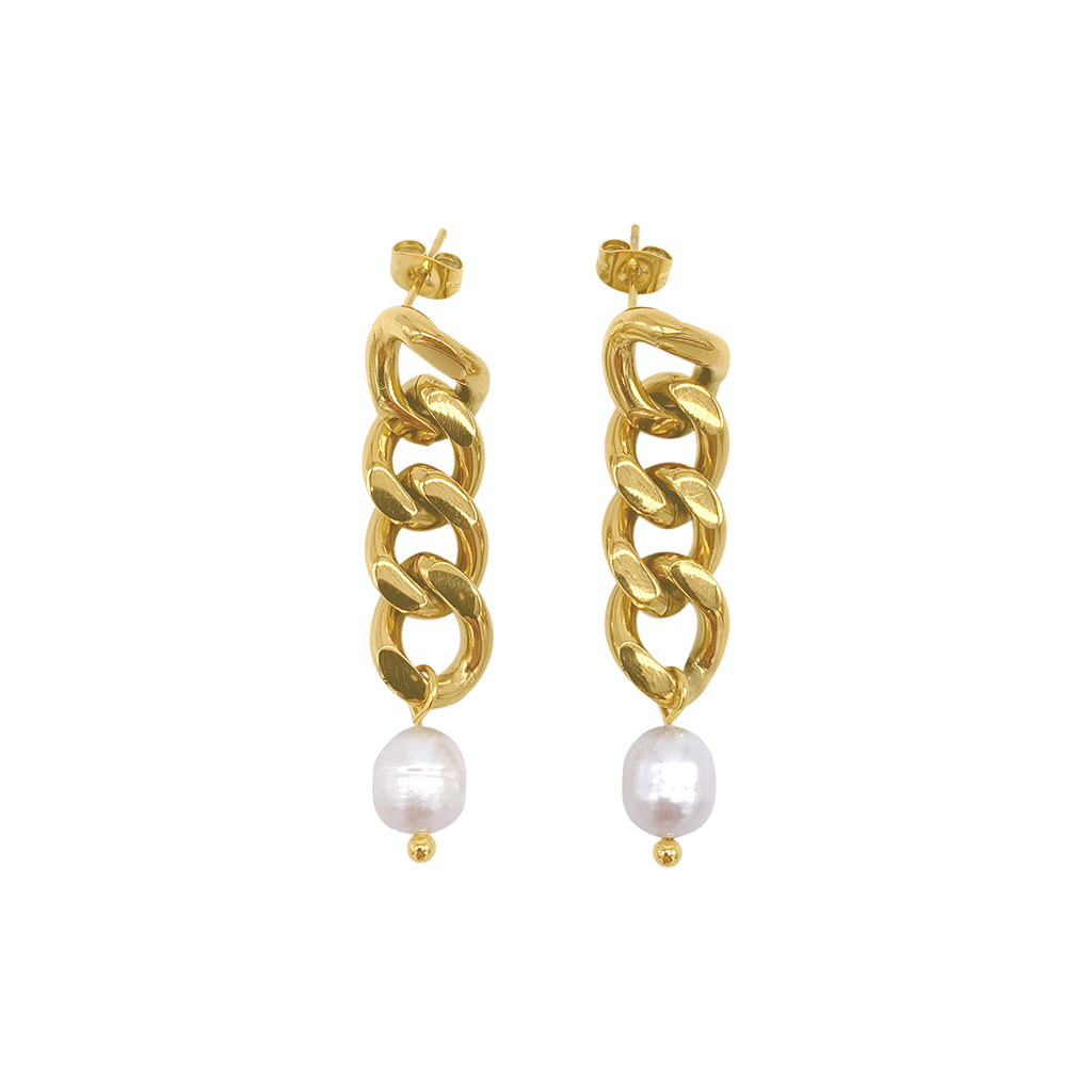 Curb Chain and Freshwater Pearl Earrings gold