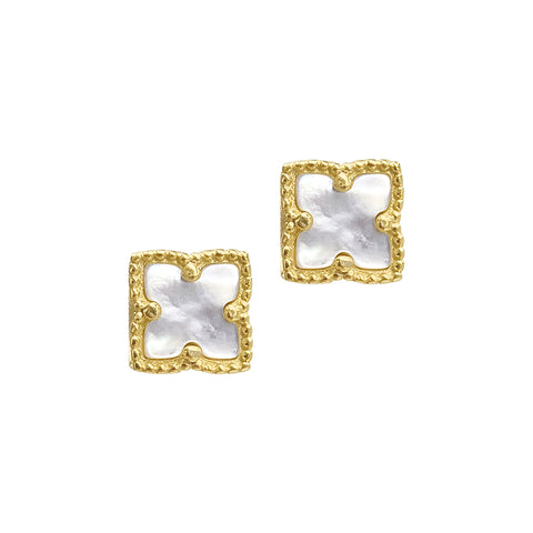 Flower White Mother of Pearl Stud Earrings gold