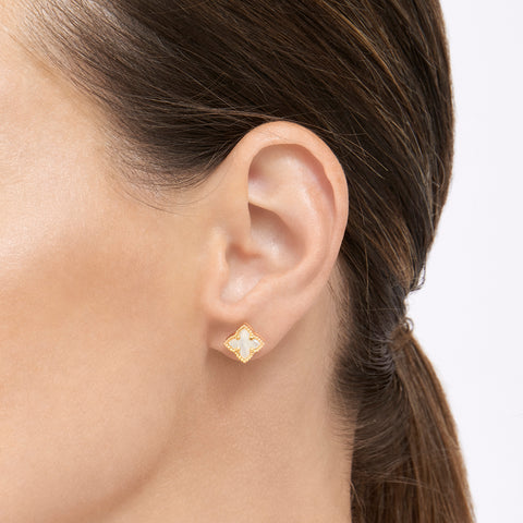 Flower White Mother of Pearl Stud Earrings gold