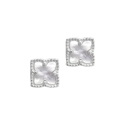 Flower White Mother of Pearl Stud Earrings silver