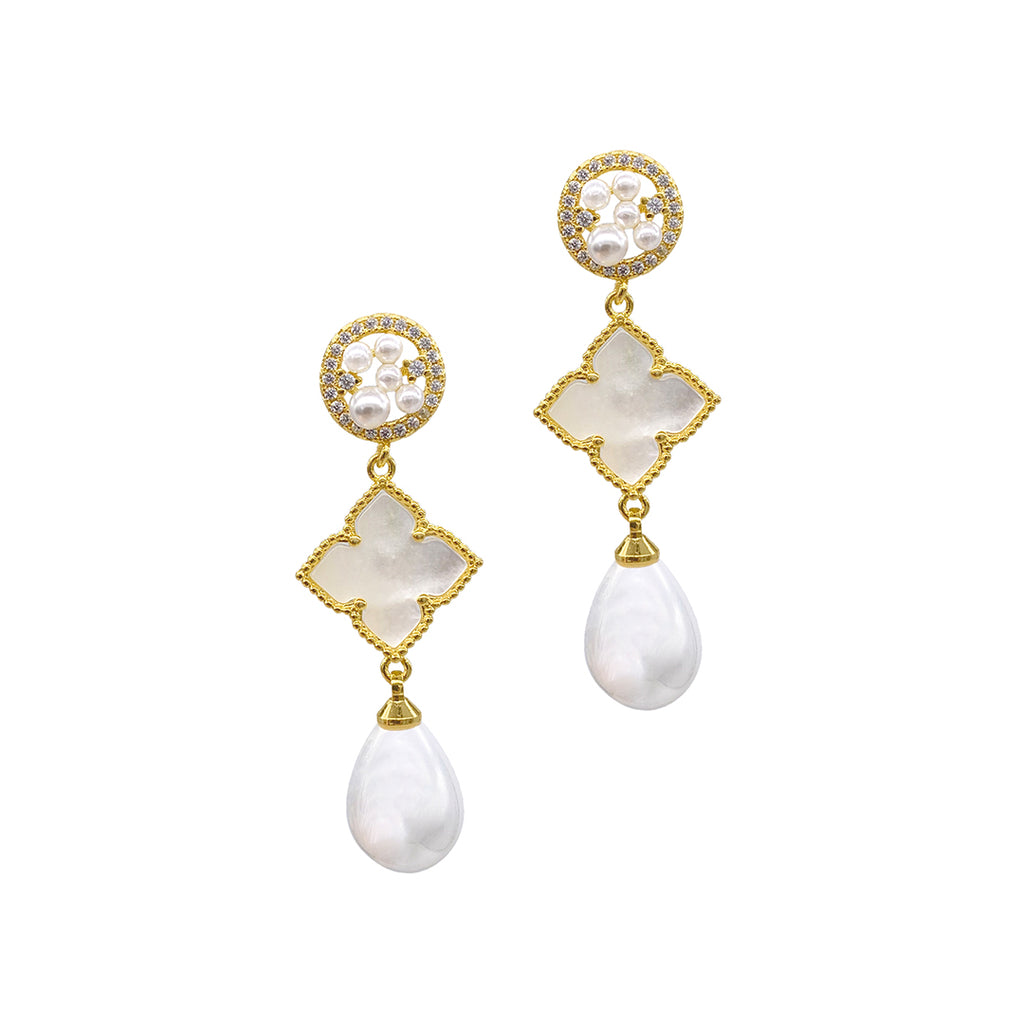 3-Tier Flower White Mother of Pearl Drop Earrings gold