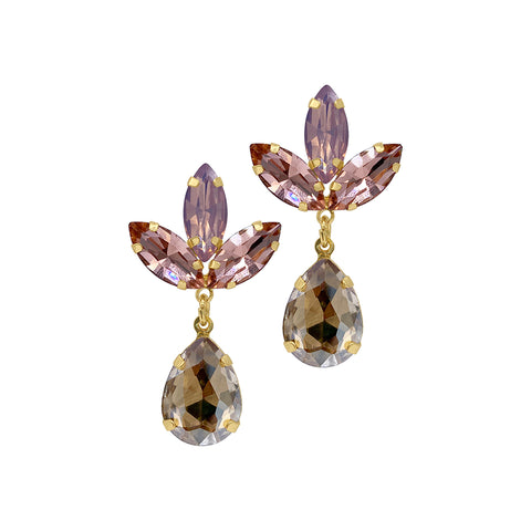 Tan Pink Crystal Petal Drop Earrings gold