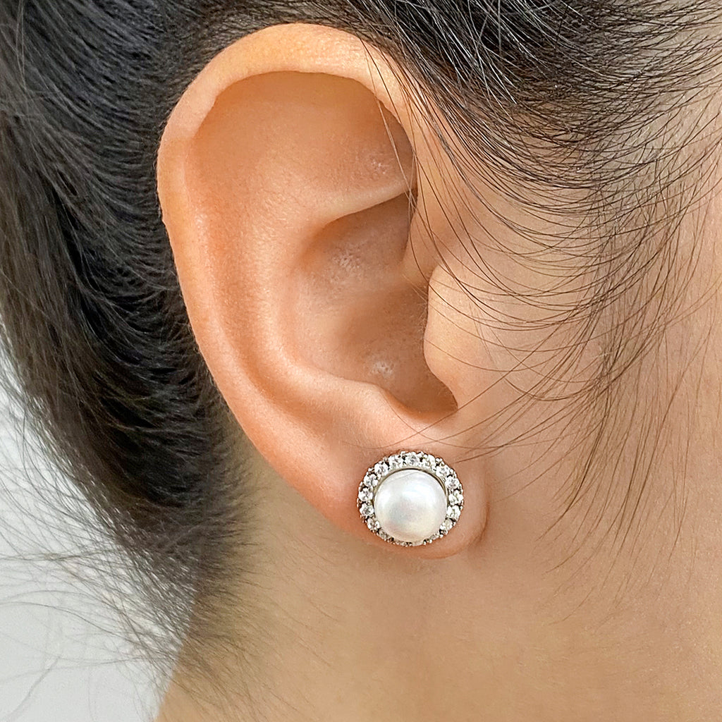 Sterling Silver Pearl Halo Drop Earring