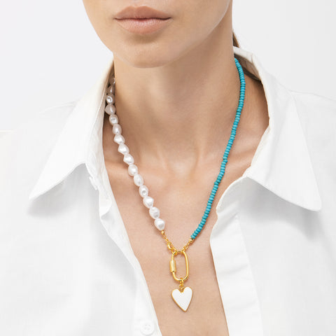 14k Gold Plated Turquoise and Freshwater Pearl Lock and Heart Pendant Necklace