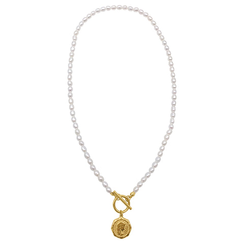 Pearl and Coin Toggle Necklace gold