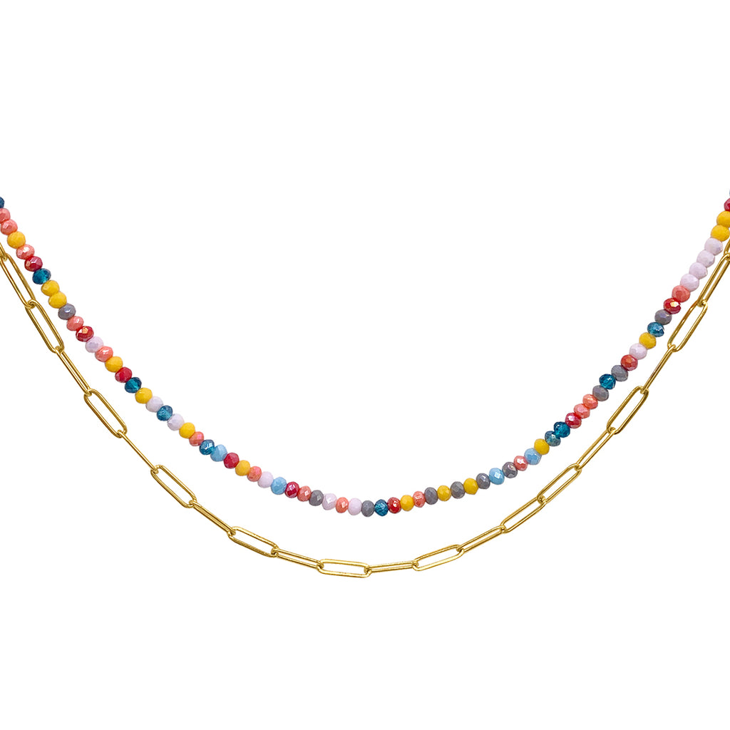 Multi Color Bead and Paper Clip Chain Double Necklace gold