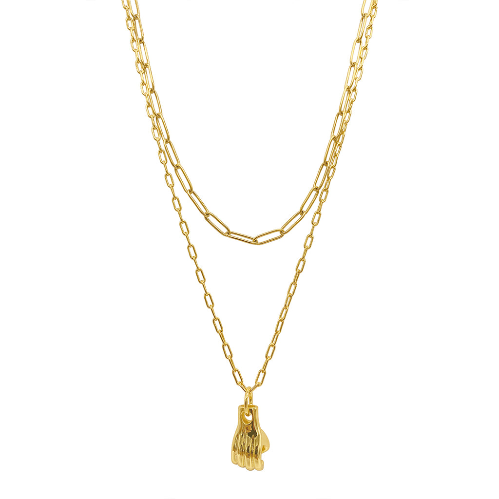 Hand and Paper Clip Chain Necklace Set gold