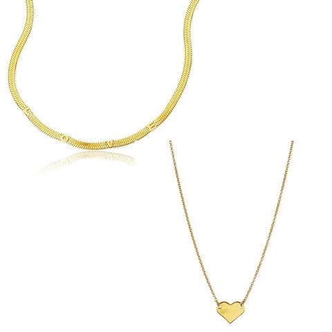 Heart and Love Herringbone Chain Necklace Set gold