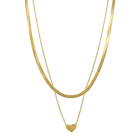 Heart and Love Herringbone Chain Necklace Set gold