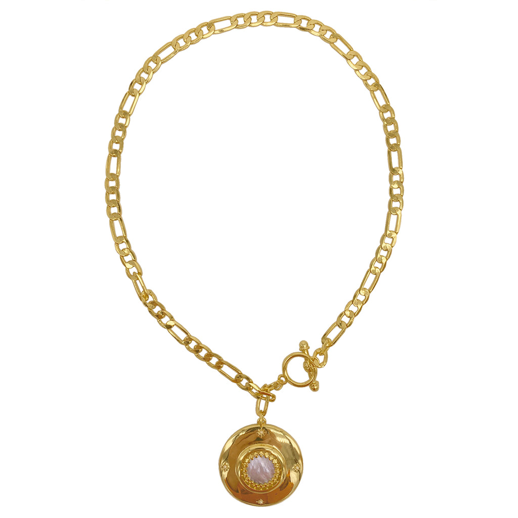 14k Gold Plated Mother of Pearl Disc Toggle Necklace