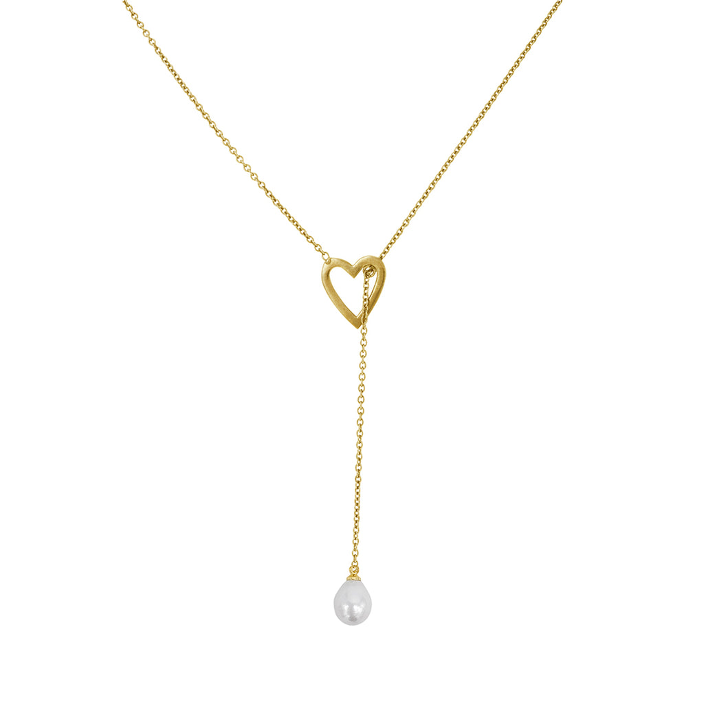Heart and Freshwater Pearl Lariat Slide Thru Necklace gold