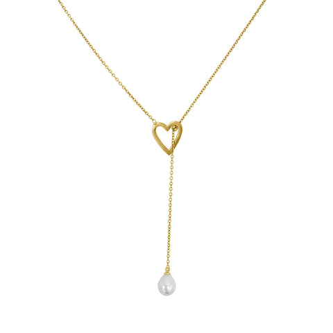 Heart and Freshwater Pearl Lariat Slide Thru Necklace gold