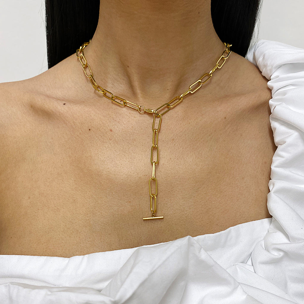Paper Clip Chain Y-Necklace with Lobster Lock gold