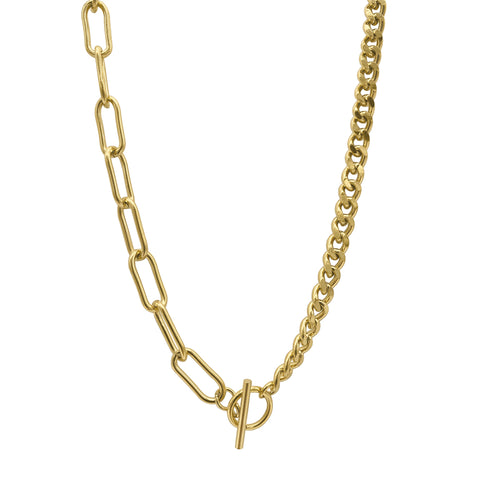 Curb and Paper Clip Chain Toggle Necklace gold
